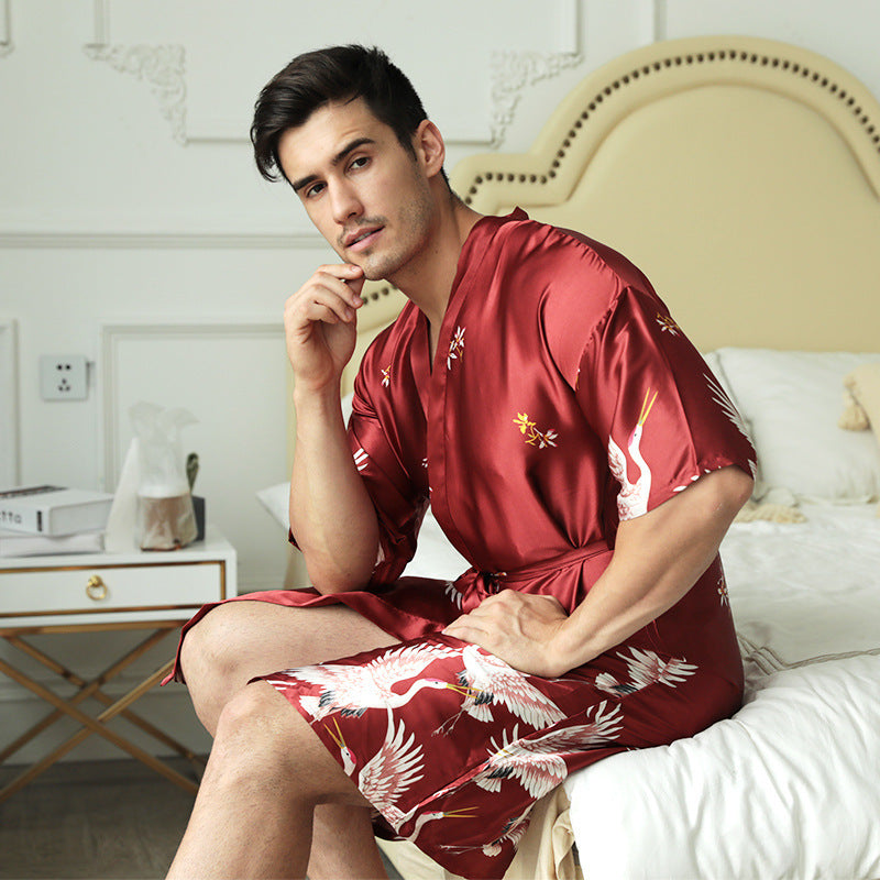 Mid-length Printed Artificial Silk Nightgown Men's Groom Best Man Morning Gowns Sexy Pajamas