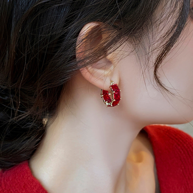 Red Square Zircon Earrings Special-interest Design