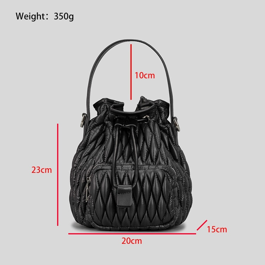 Nylon Women's Bucket Bag Down Cotton Rhombus Drawstring Shoulder Niche Cushion Cotton Pleated