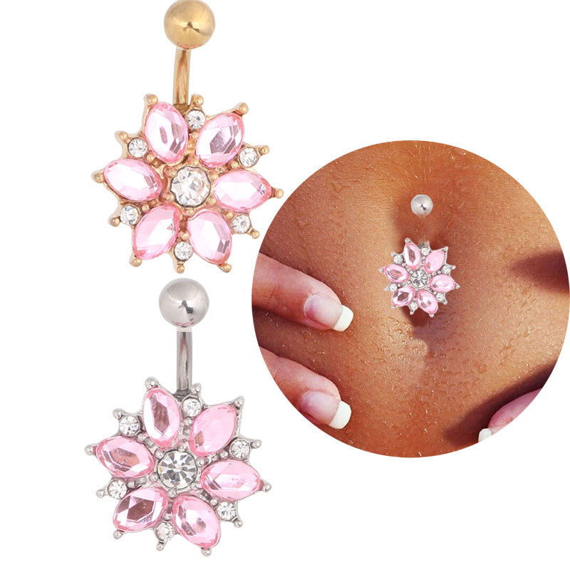 Stainless steel diamond sun flower belly button ring