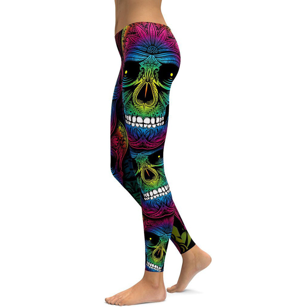 Rainbow Skull Leggings Women Plus Size Leggings Workout Casual High Waist Slim Pants S~4XL Plus Size Leggings