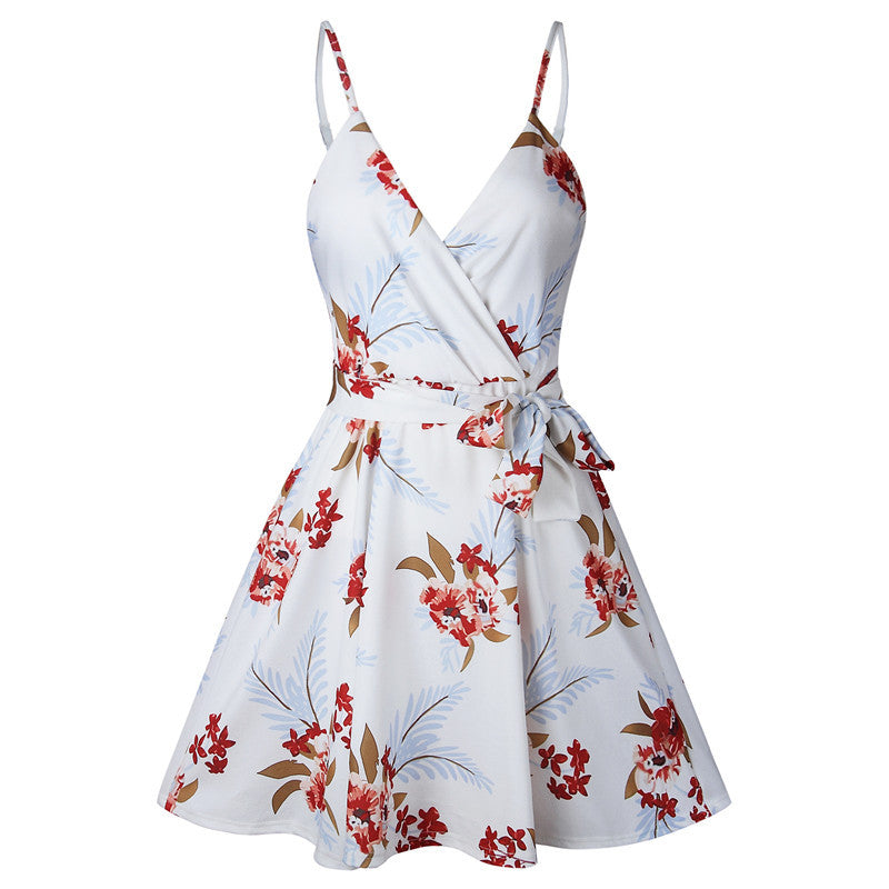 Summer print sling backless V-neck women''s dress