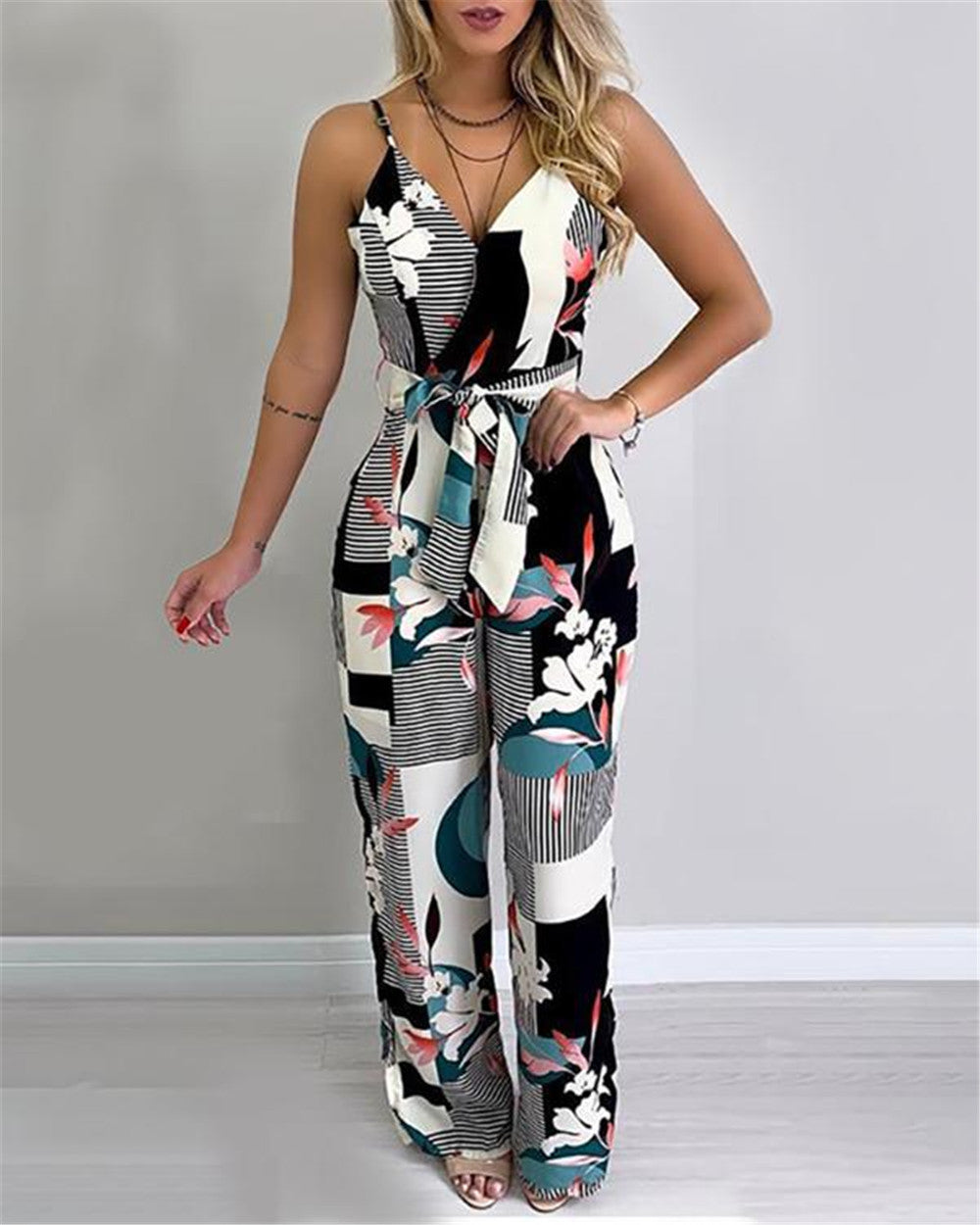 Printed jumpsuit suspenders wide-leg jumpsuit - Purple Willow