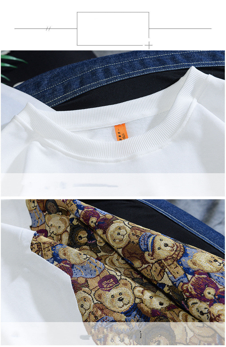 Round Neck Top Loose Stitching Bear Embroidery Personality Fashion Terry Sweater Men