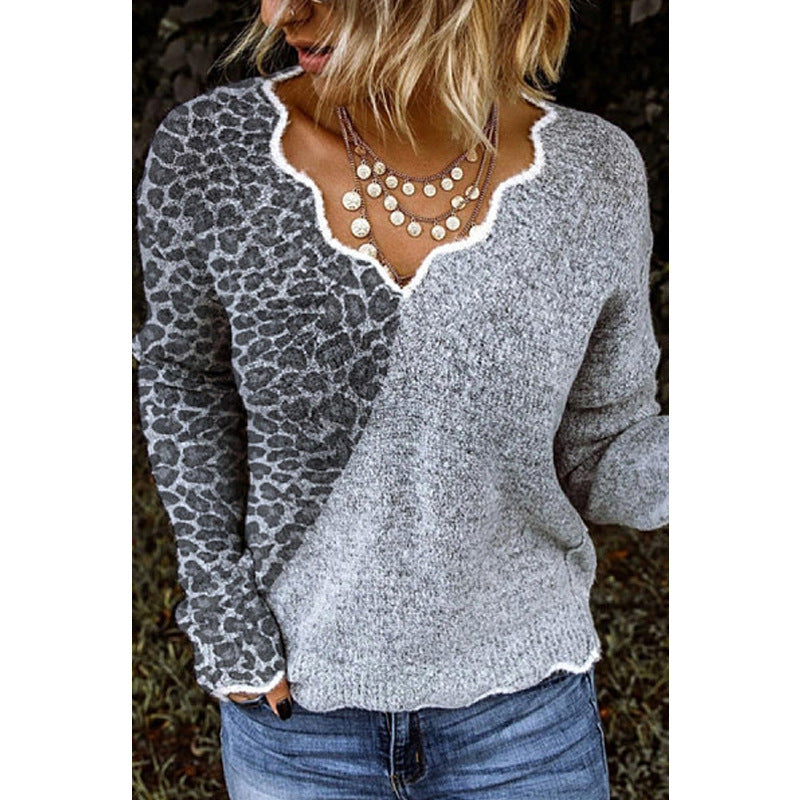 Casual Leopard Print V-Neck Knitted Color Sweater