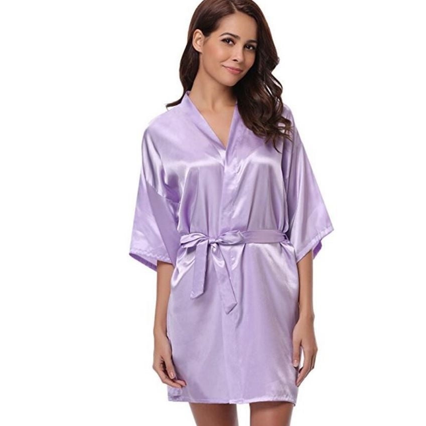 RB032 New Silk Kimono Robe Bathrobe Women Silk Bridesmaid Robes Sexy Navy Blue Robes Satin Robe Ladies Dressing Gowns - Purple Willow