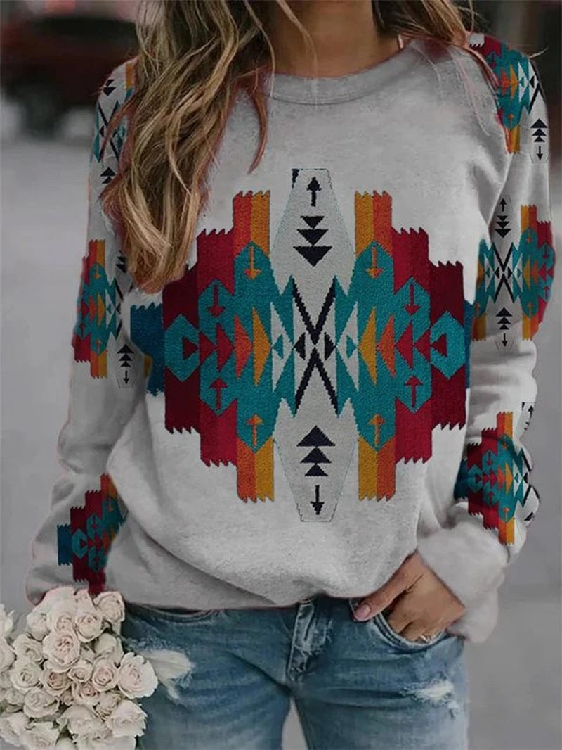 Round Neck Geometric Print Long Sleeved Women's Sweater