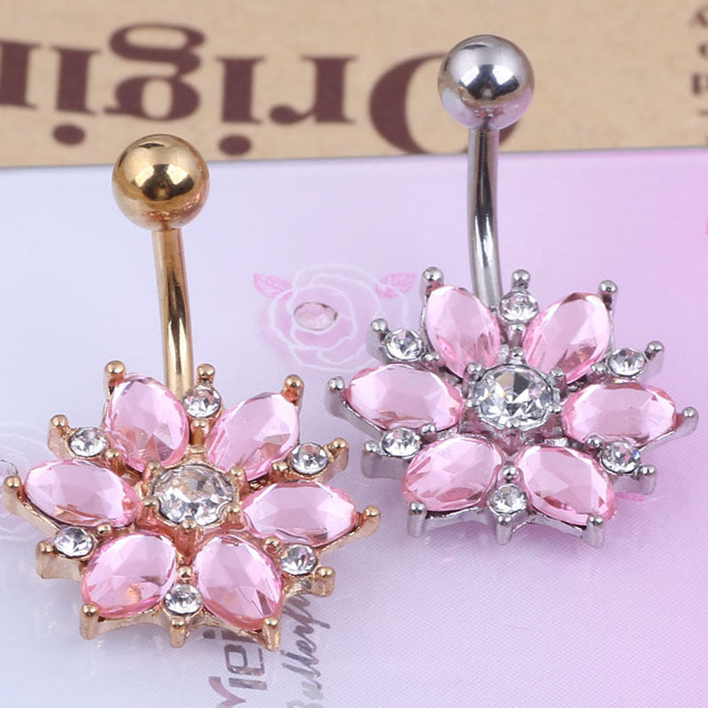 Stainless steel diamond sun flower belly button ring