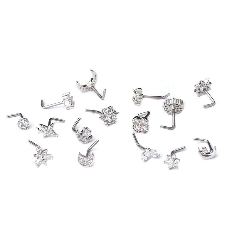 20GL Shape Stainless Steel Nose Stud Micro Set Zircon Nose Ring