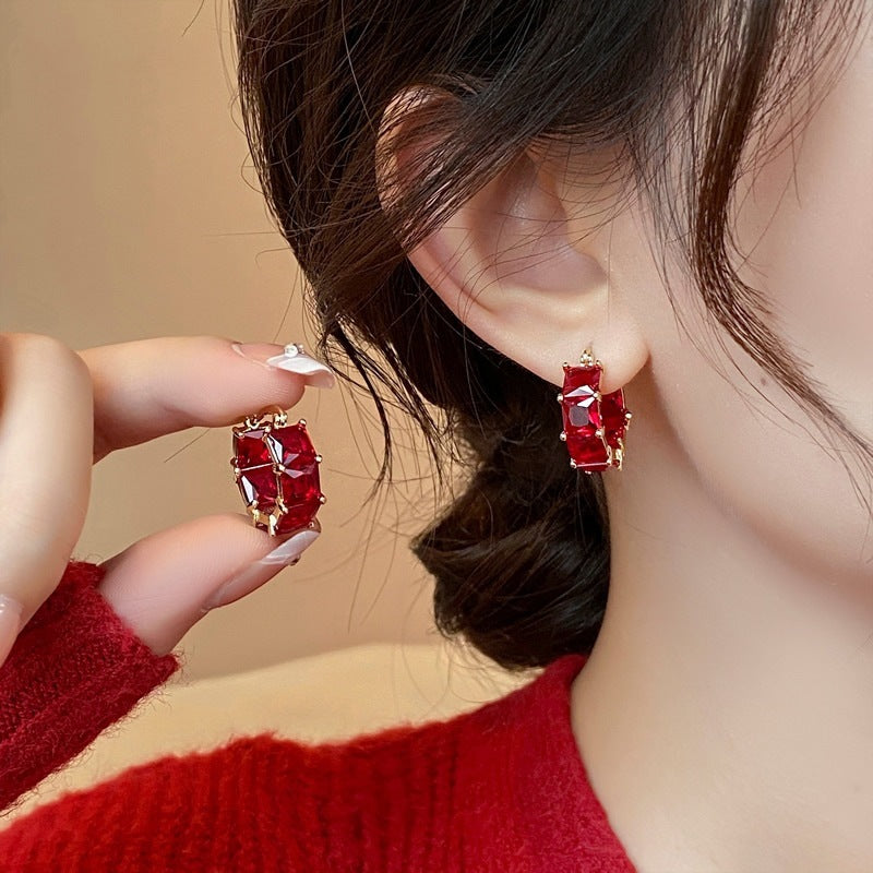 Red Square Zircon Earrings Special-interest Design