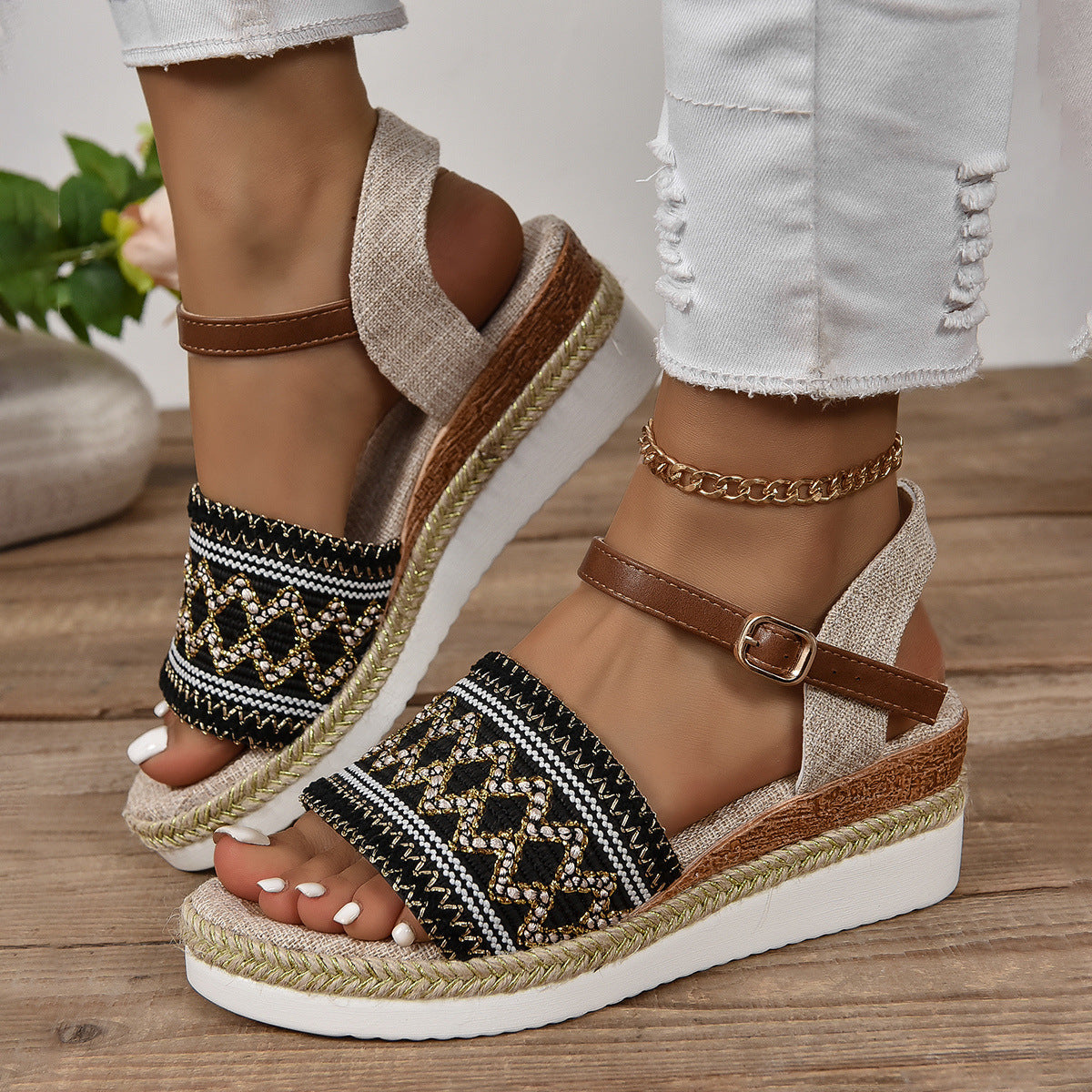 Large Size Flat Bottom Wedge Sandals Ankle-strap Buckle