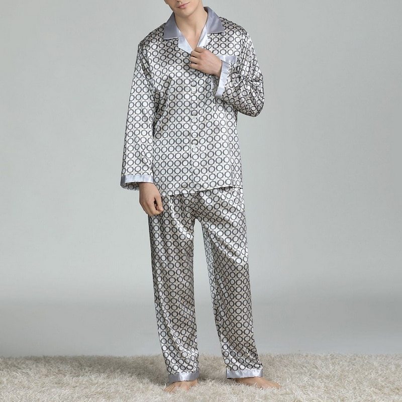 Men's Printed Silk Pajamas Spring And Summer Long-Sleeved Suit