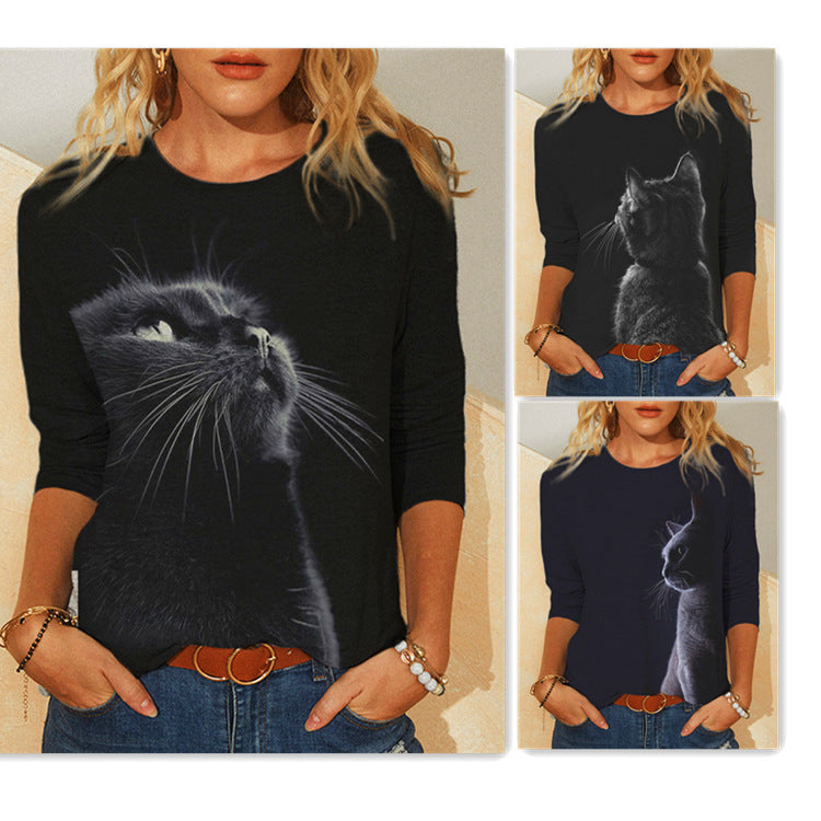 New Women's T-shirt Amazon Wish Independent Station Black Cat Pullover Print Round Neck Long Sleeve T-shirt