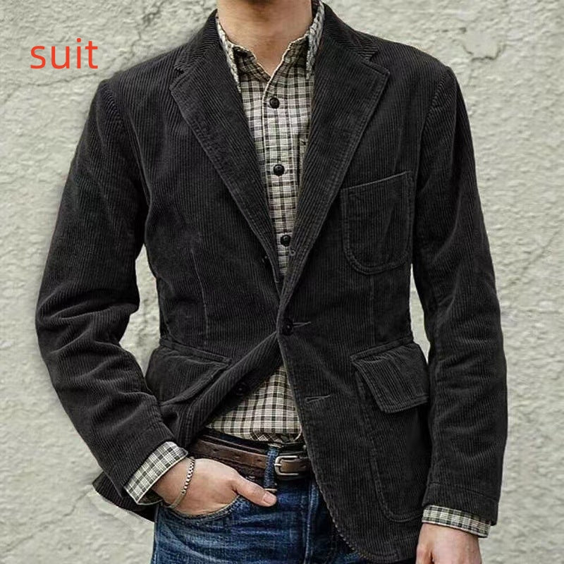 Corduroy Jacket Winter Solid Color Casual Blazer Fashion Warm Men Coat - Purple Willow