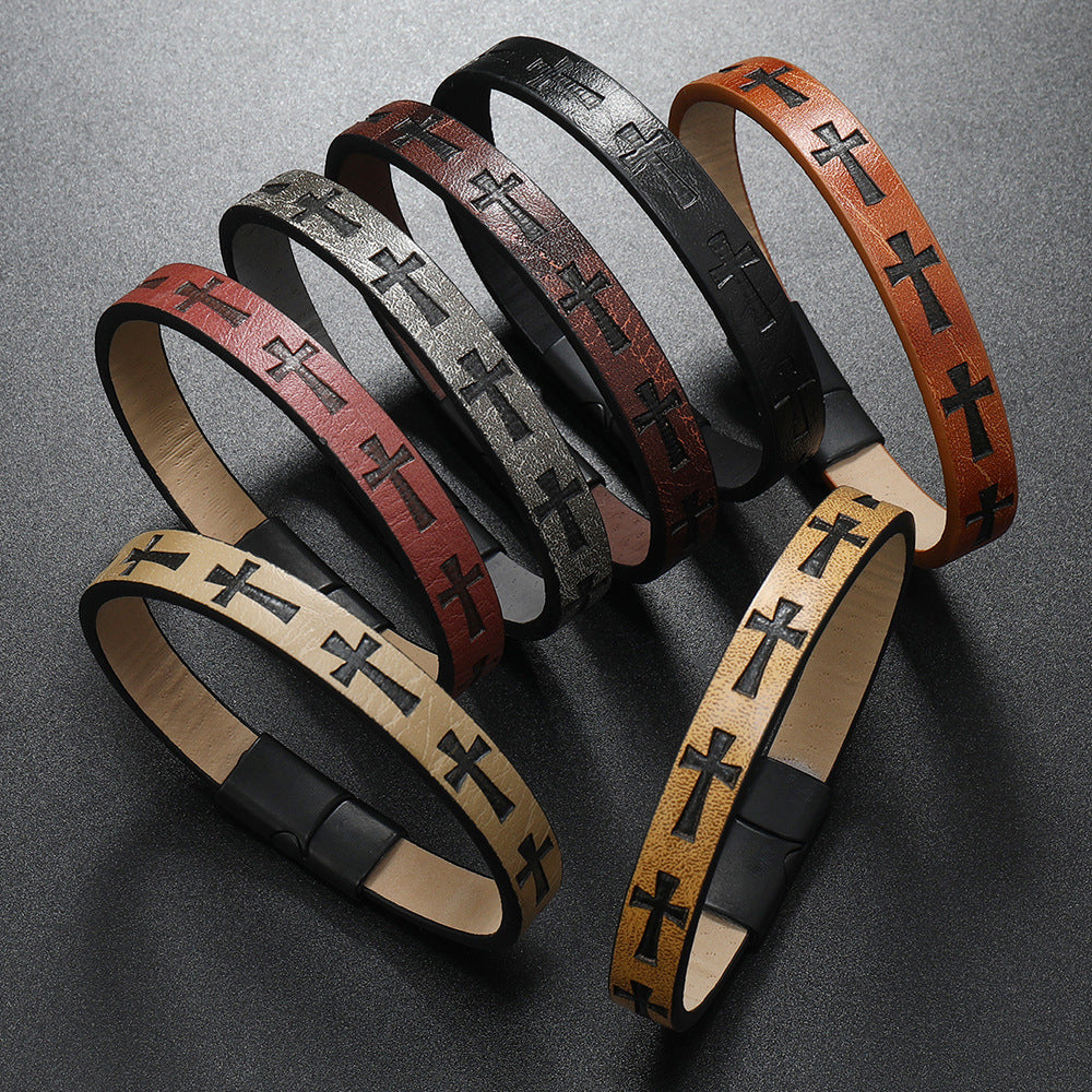 Alloy Leather Bracelet Men's Printed Cross Magnetic Buckle Bracelet