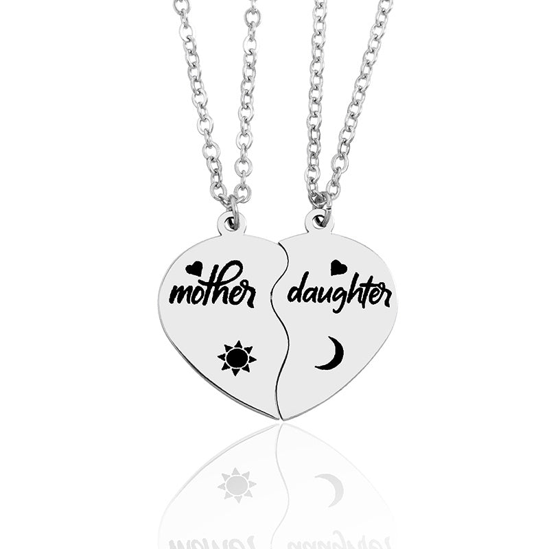 2Pcs Mother Daughter Heart Puzzle Pendant Necklace Stainless Steel Sun Moon Necklace Bracelet