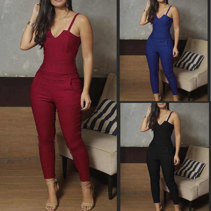 Ladies Summer Solid Color Skinny Jumpsuit High Stretch Suspender Jumpsuit - Purple Willow