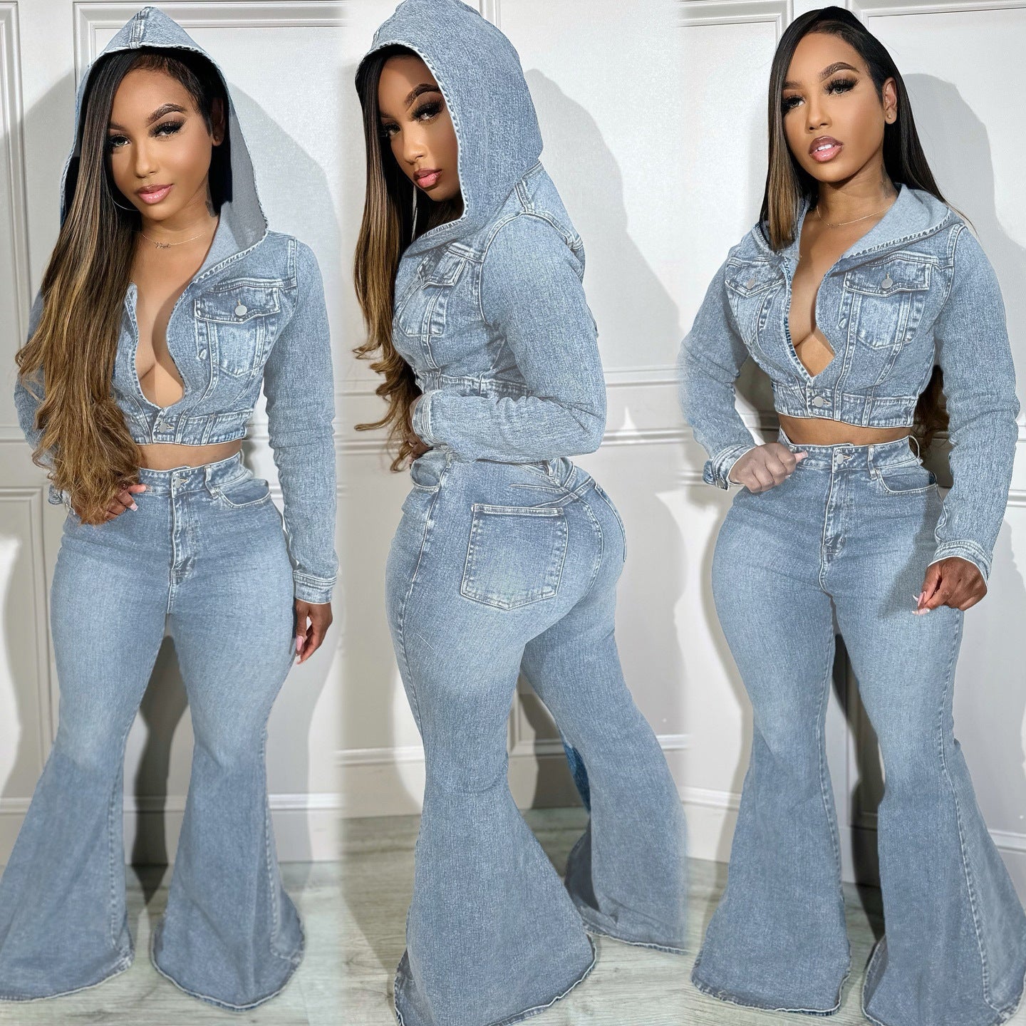 Women's Clothing Cardigan Hooded Non-elastic Bell-bottom Pants Denim Suit