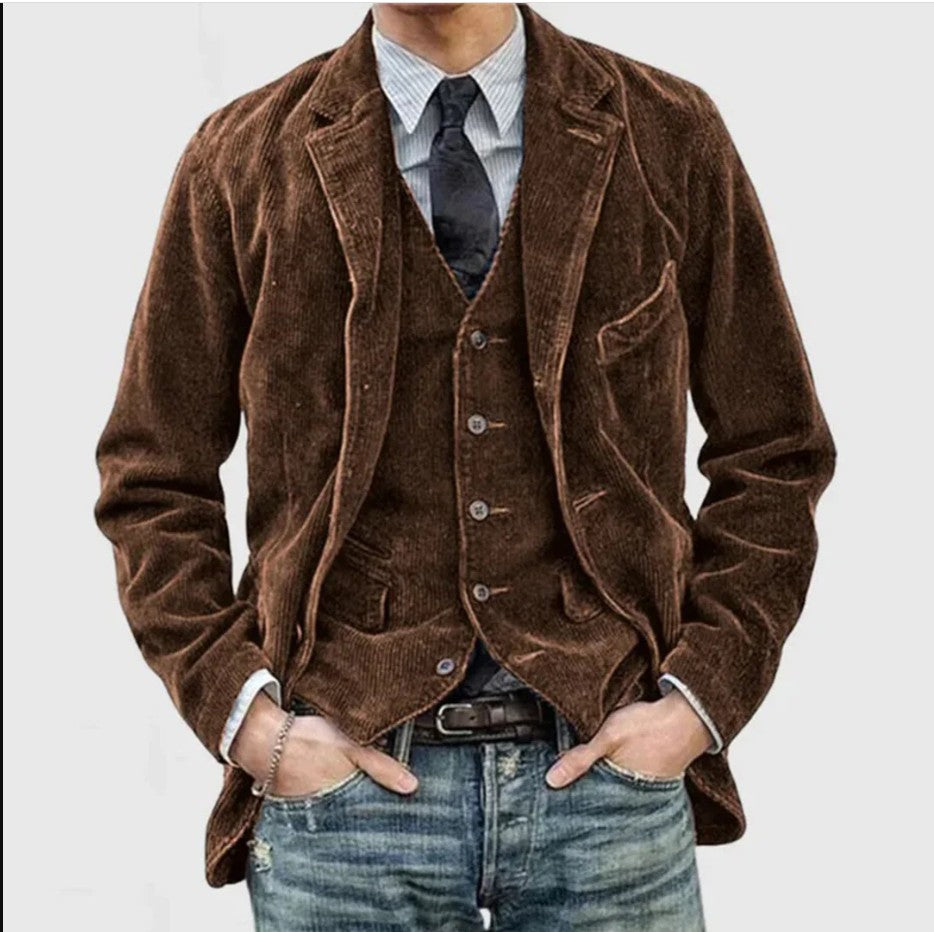 Corduroy Jacket Winter Solid Color Casual Blazer Fashion Warm Men Coat - Purple Willow