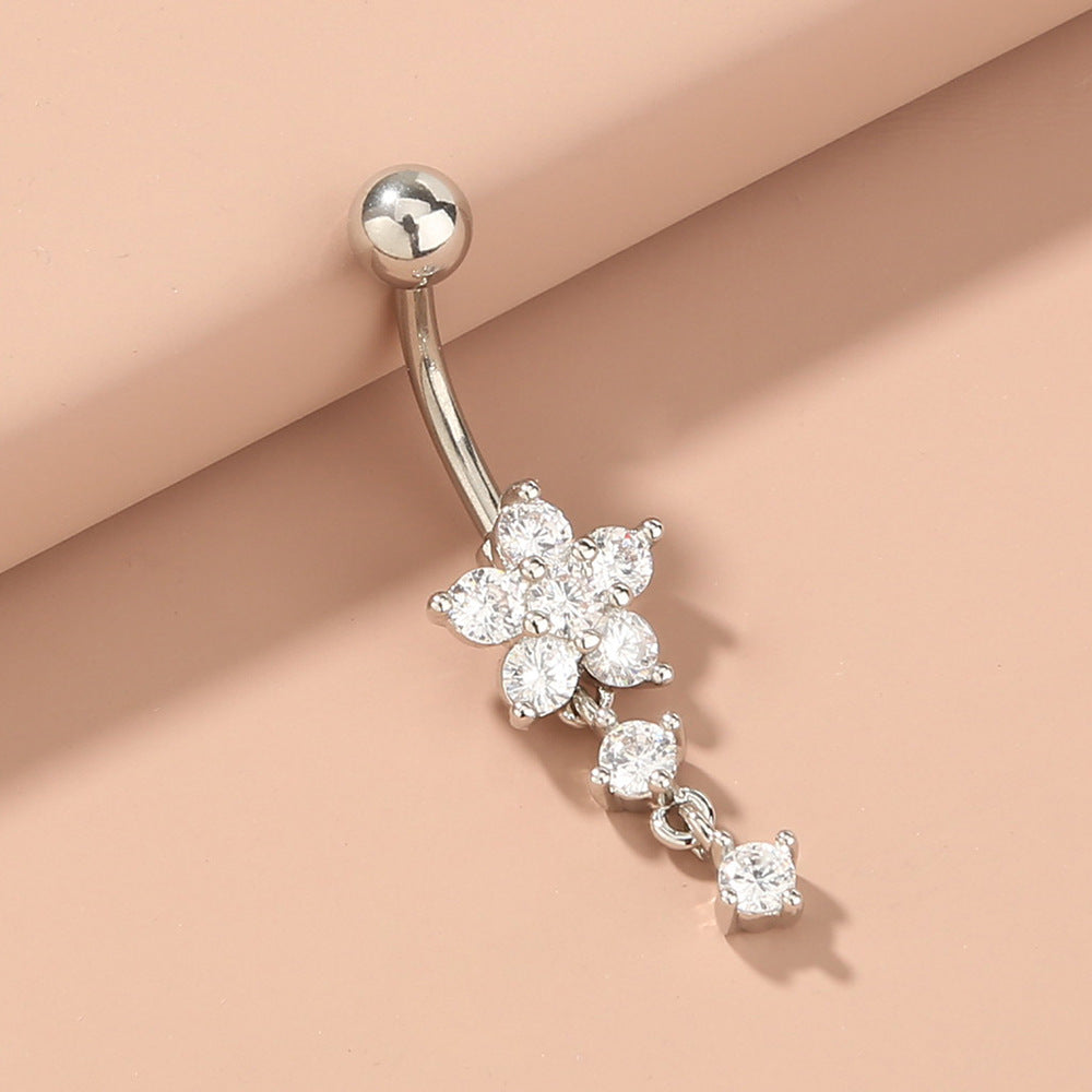 Flower Zircon Belly Button Ring With Diamond Inlaid Zircon Belly Button Nail