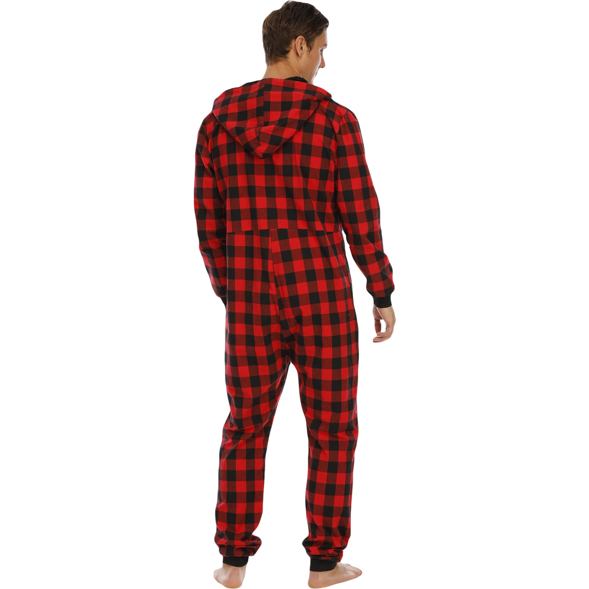 Men's Flannel Check Hooded One-piece Pajamas