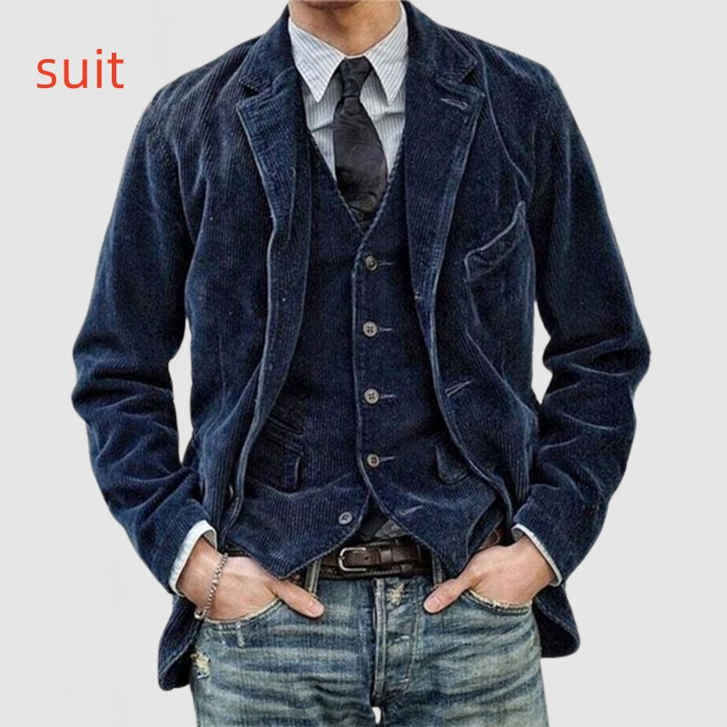 Corduroy Jacket Winter Solid Color Casual Blazer Fashion Warm Men Coat - Purple Willow