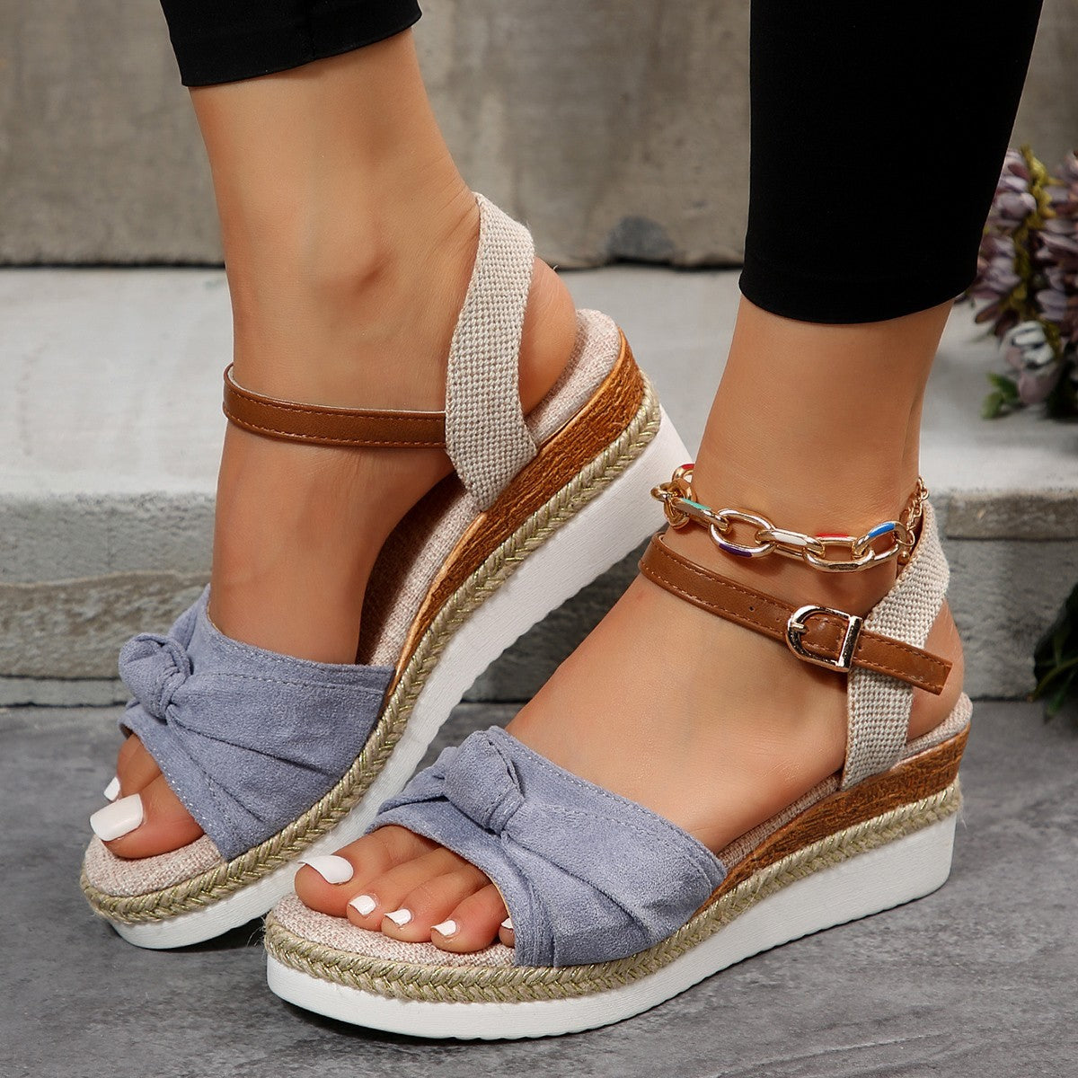 New Thick-soled Bow Sandals Summer Fashion Casual Linen Buckle Wedges Shoes For Women - Purple Willow