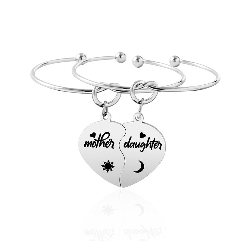 2Pcs Mother Daughter Heart Puzzle Pendant Necklace Stainless Steel Sun Moon Necklace Bracelet