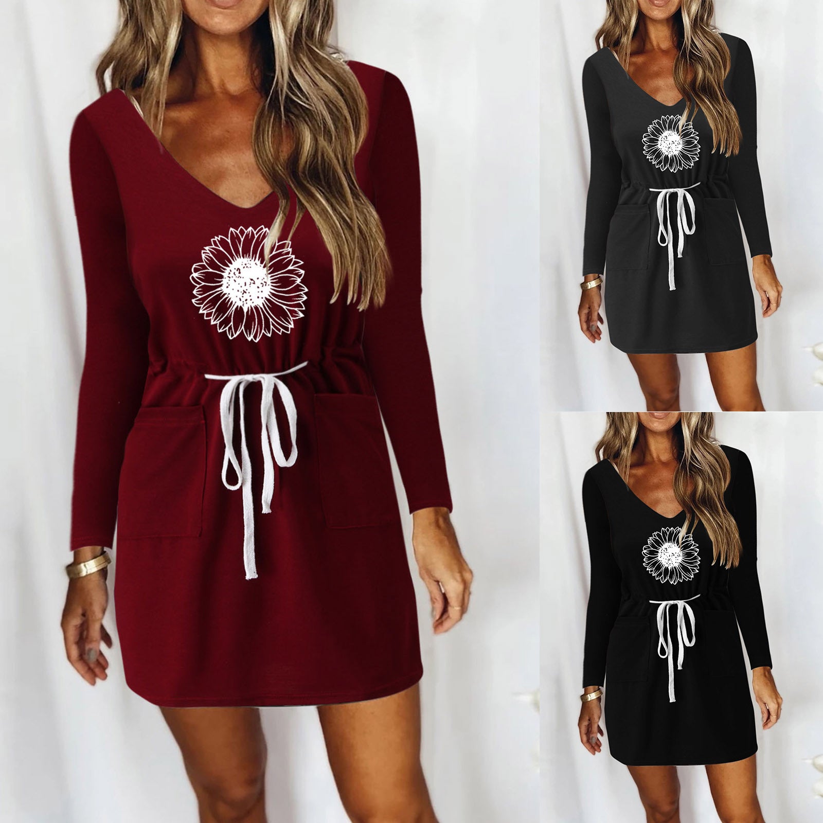 Women's V-neck Drawstring Mid-Waist Long Sleeve Dress