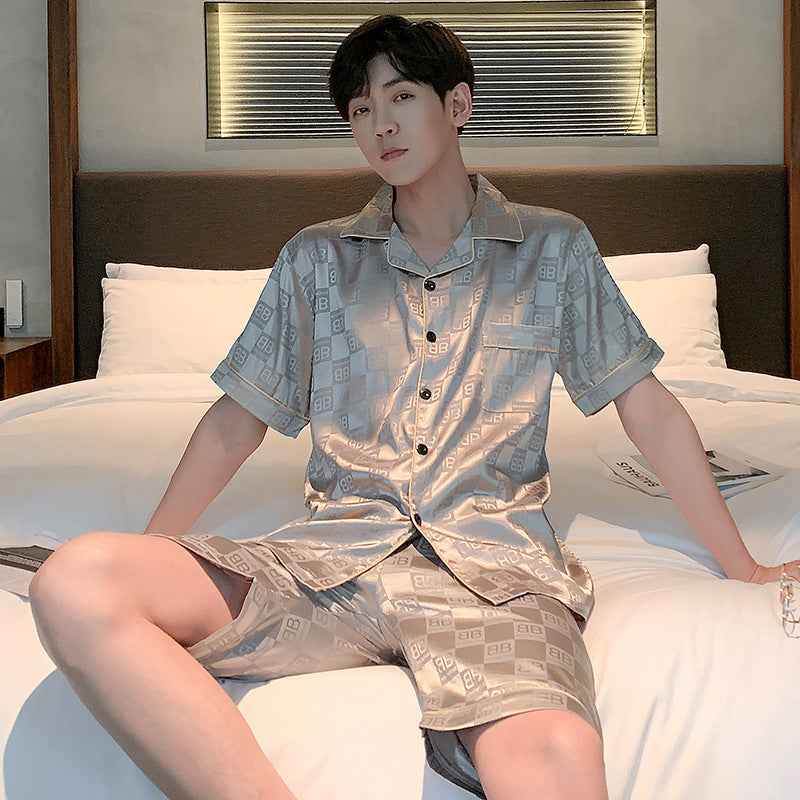 Men's Pajamas Summer Ice Silk Thin Short Sleeve Plus Size Loose Real Silk Jacquard Youth Homewear Suit