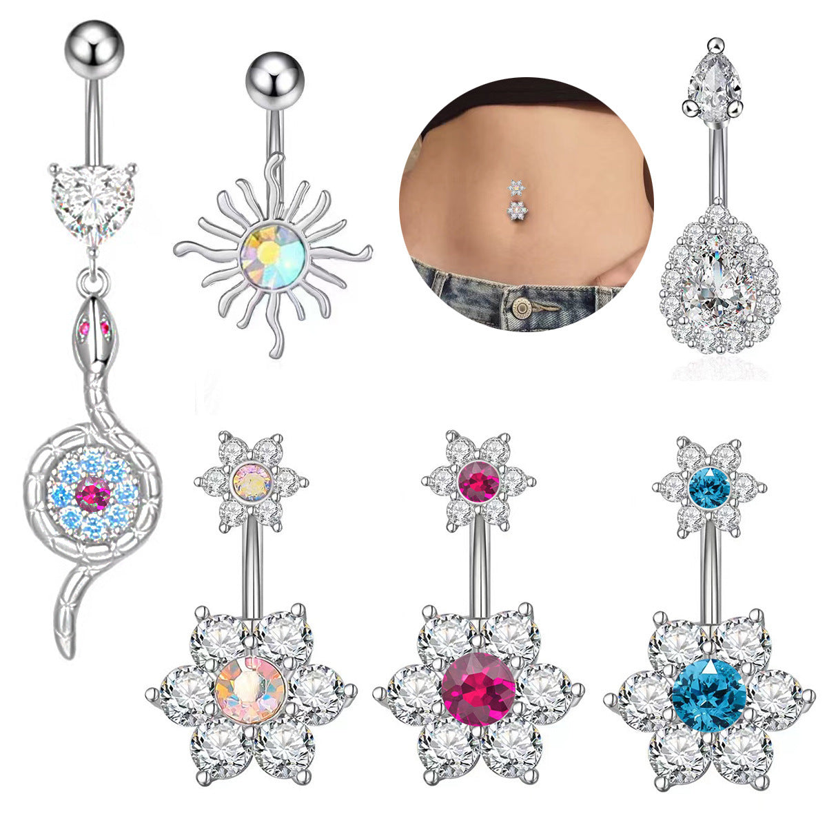 Flower Belly Ring Inlaid Zircon Water Drop Serpentine