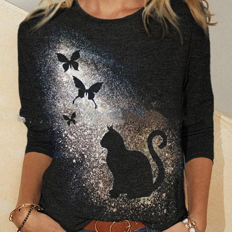 New Women's T-shirt Amazon Wish Independent Station Black Cat Pullover Print Round Neck Long Sleeve T-shirt