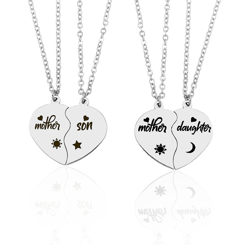 2Pcs Mother Daughter Heart Puzzle Pendant Necklace Stainless Steel Sun Moon Necklace Bracelet