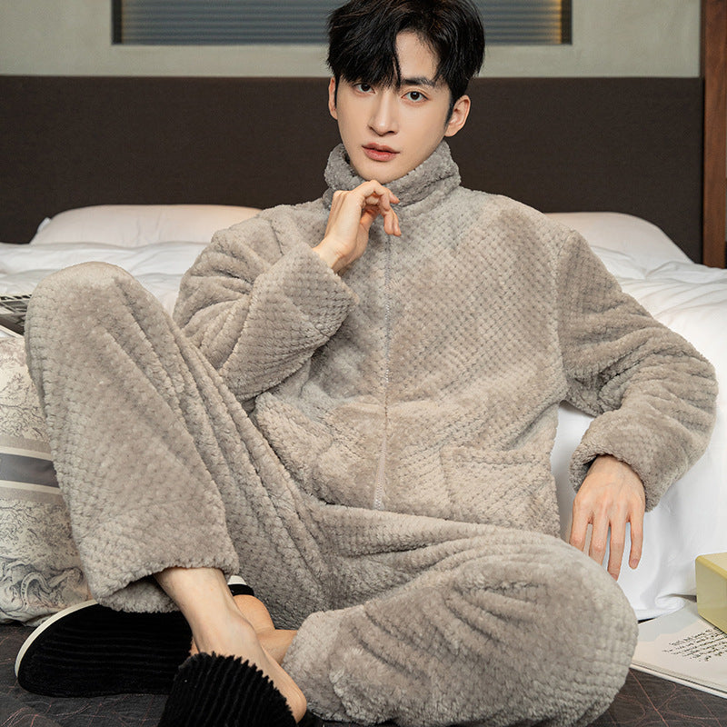 Pajamas Men's Jacquard Flannel Loose Fleece-lined Warm Loungewear