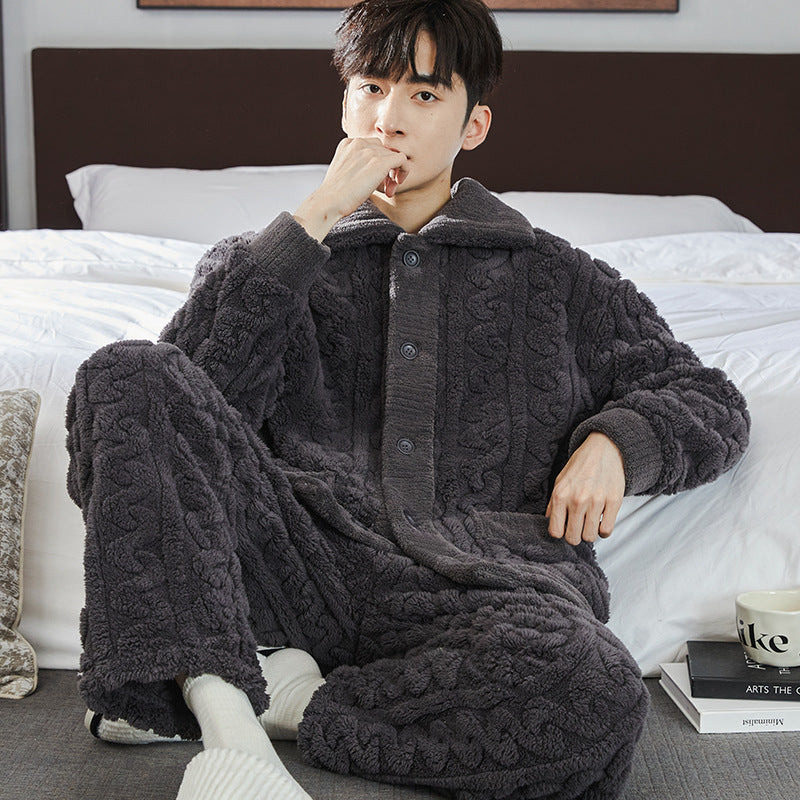 Pajamas Men's Jacquard Flannel Loose Fleece-lined Warm Loungewear