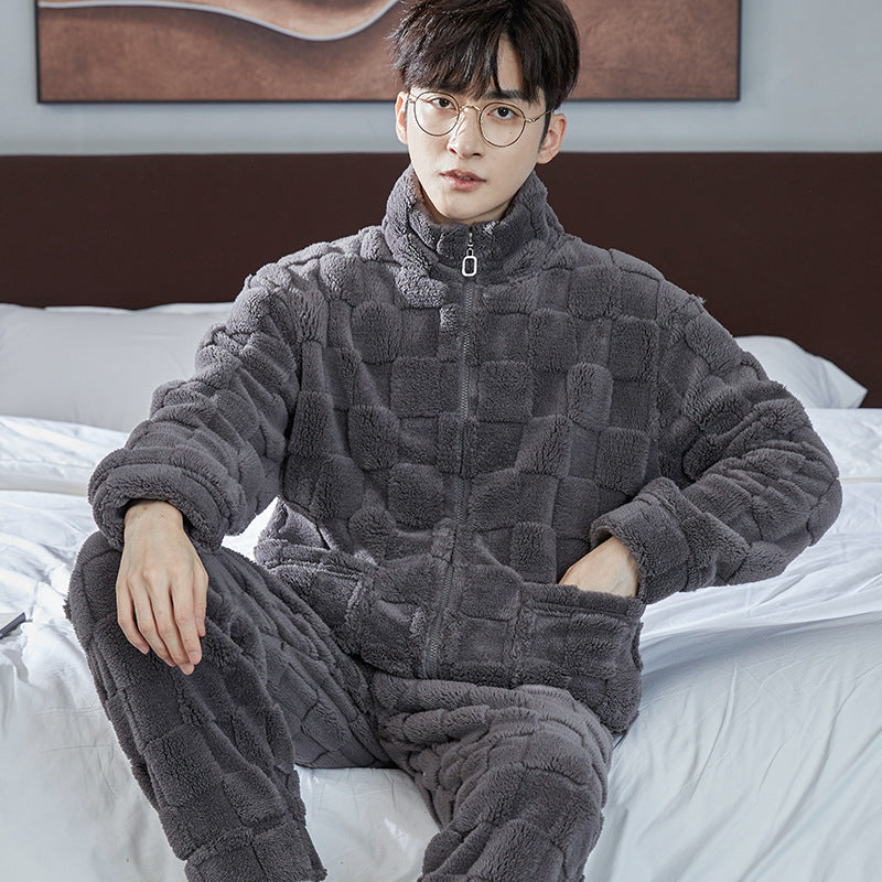 Pajamas Men's Jacquard Flannel Loose Fleece-lined Warm Loungewear