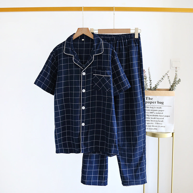 Single-line Plaid Pajamas Men's Short-sleeved Trousers Suit