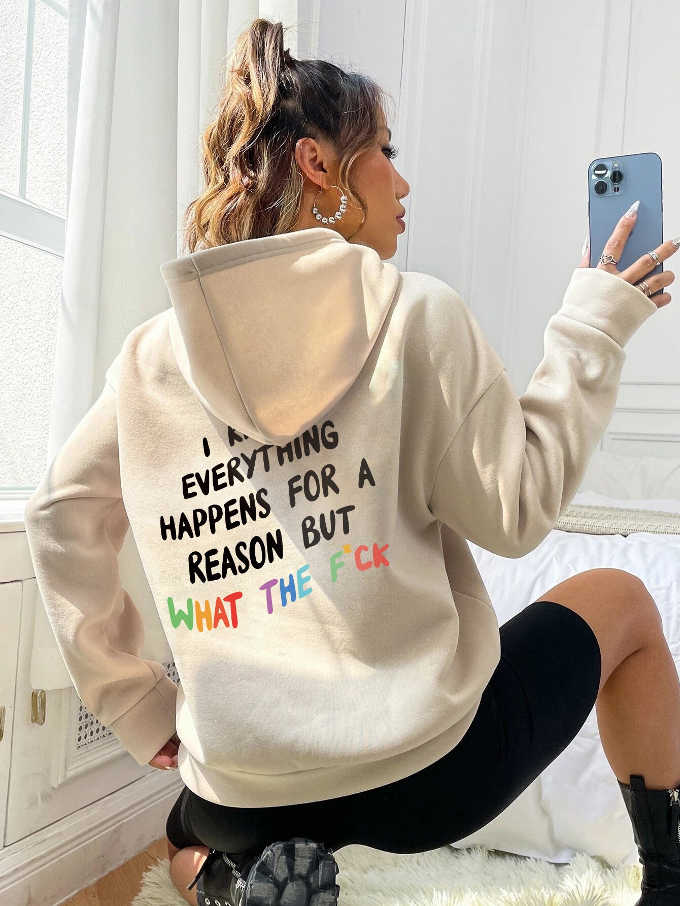 Women Drawstring Letter Printed Hoodie