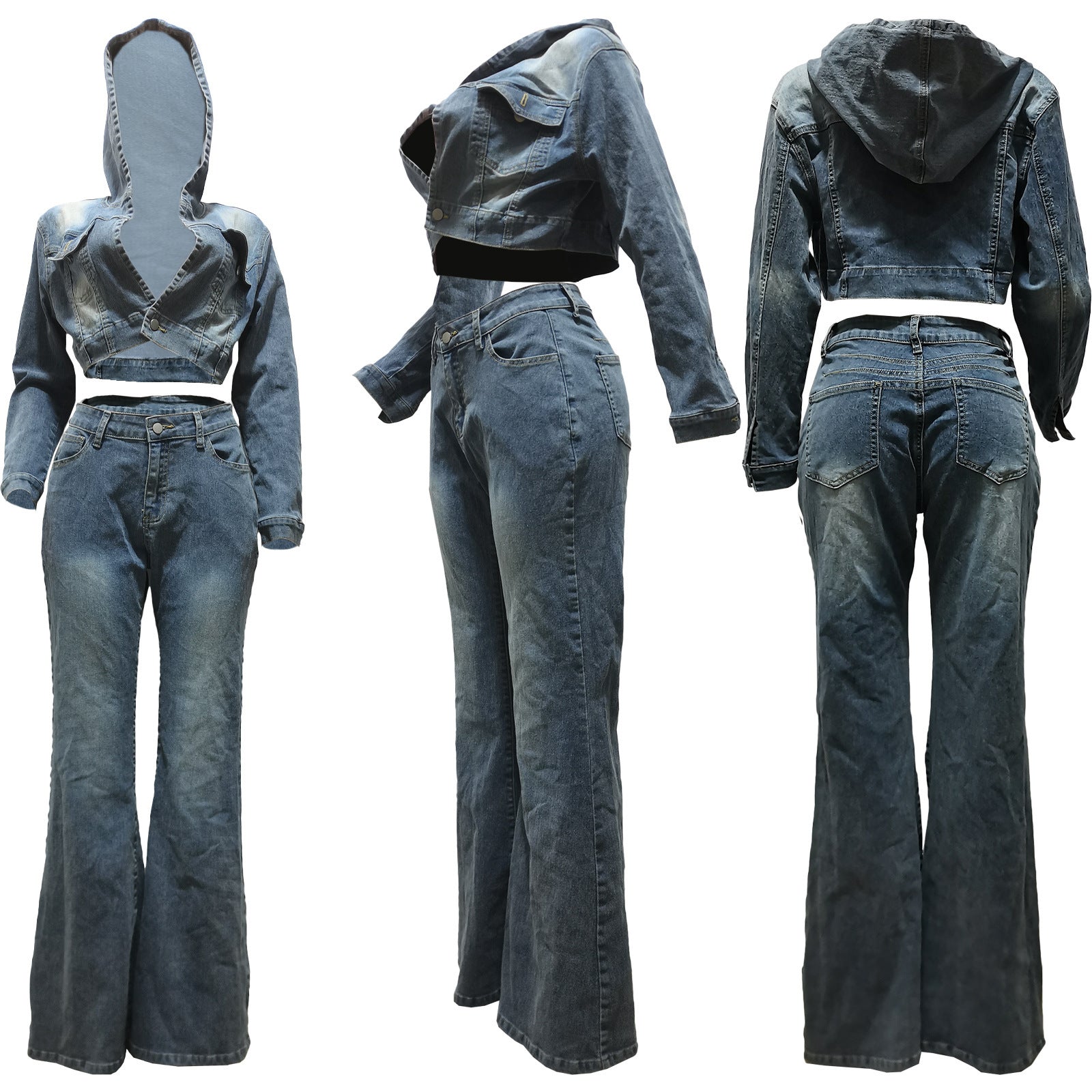 Women's Clothing Cardigan Hooded Non-elastic Bell-bottom Pants Denim Suit