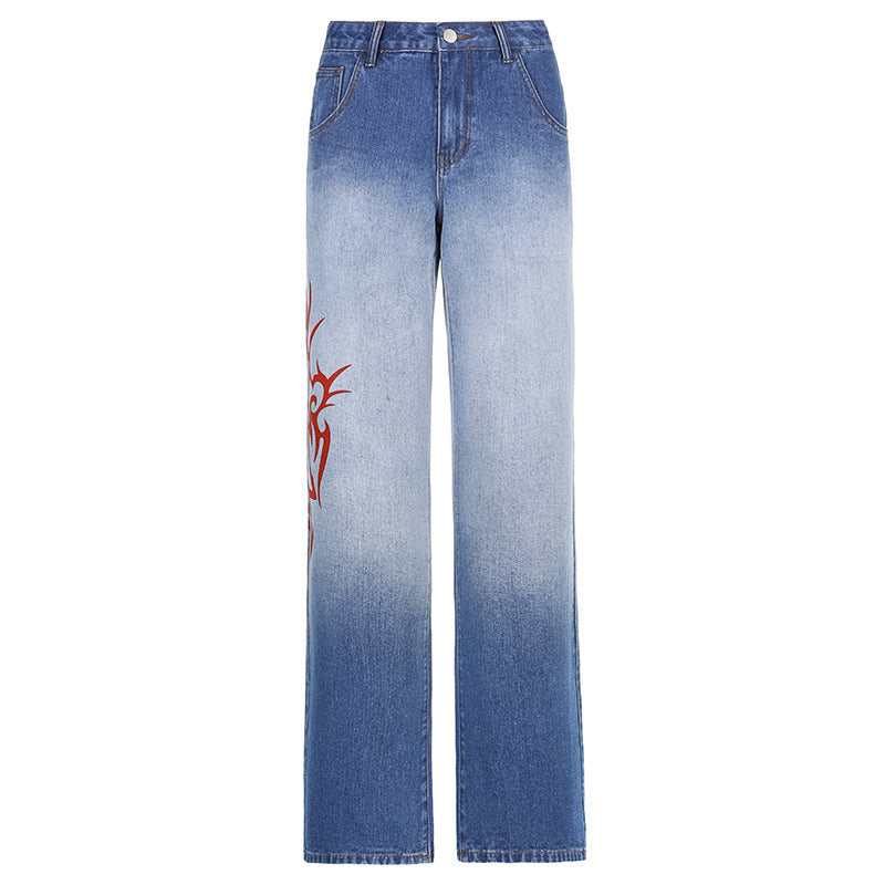 Retro Gradient Printed Washed Straight Skinny Jeans Women Women