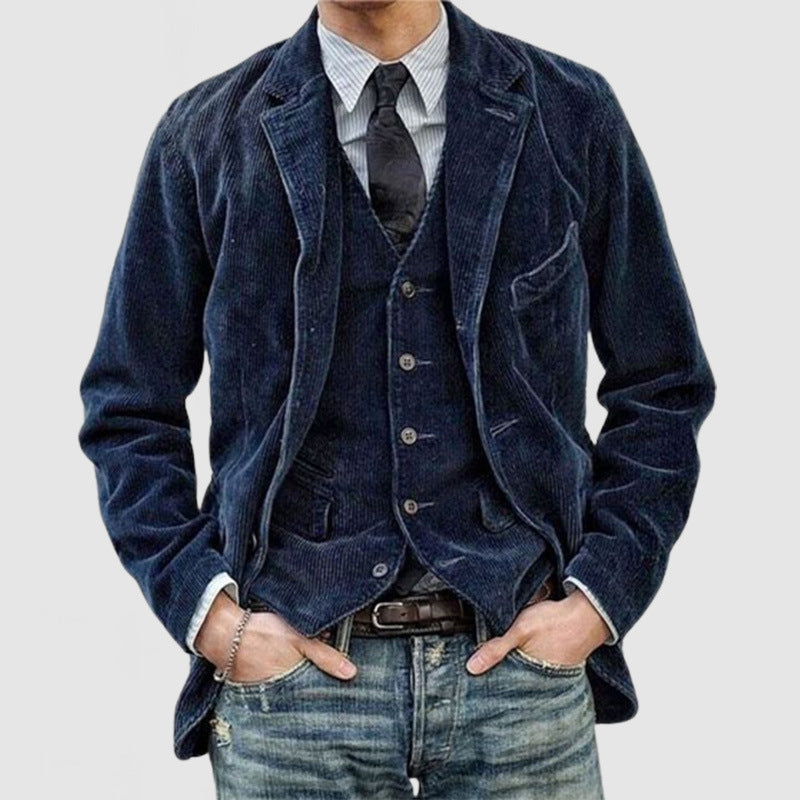 Corduroy Jacket Winter Solid Color Casual Blazer Fashion Warm Men Coat - Purple Willow